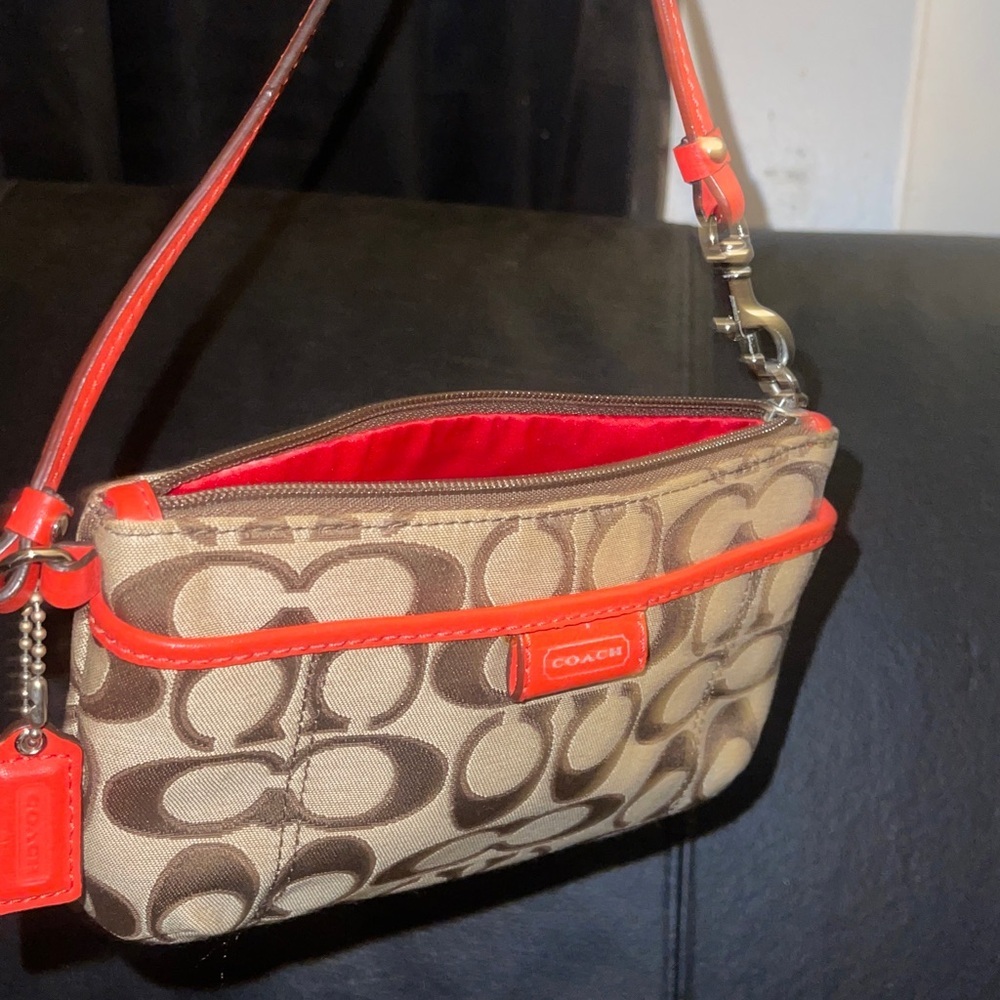 Vintage Coach Wristlet Vermillion Orange Khaki - Picture 3 of 14